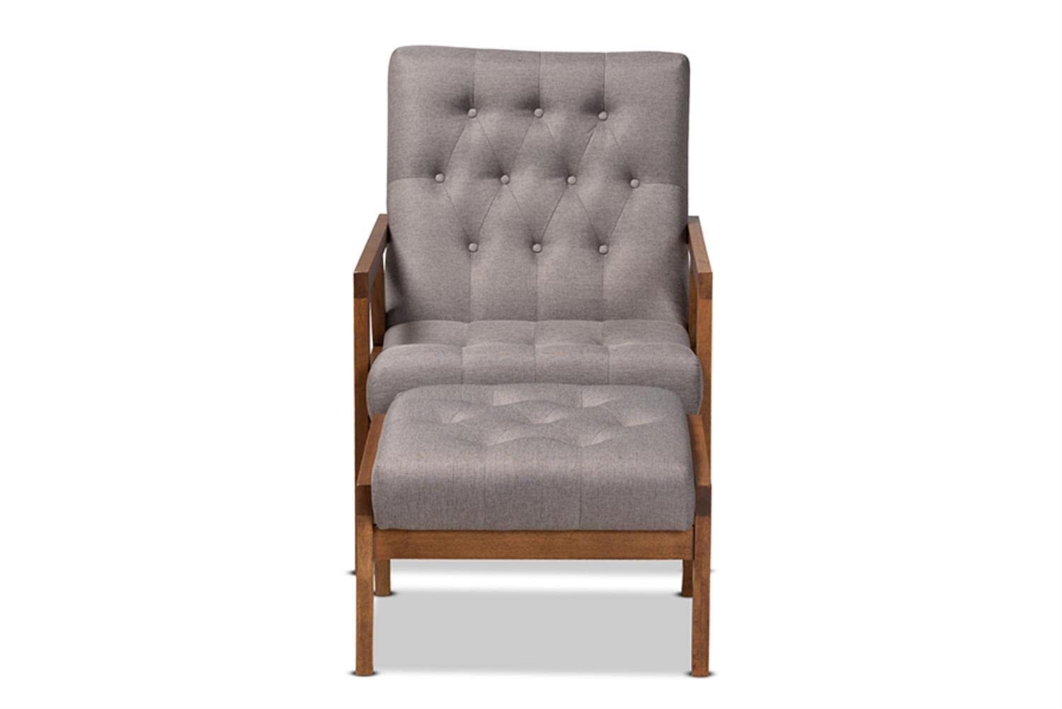 Baxton Studio Naeva Mid-Century Modern Grey Fabric Upholstered Walnut Finished Wood 2-Piece Armchair and Footstool Set